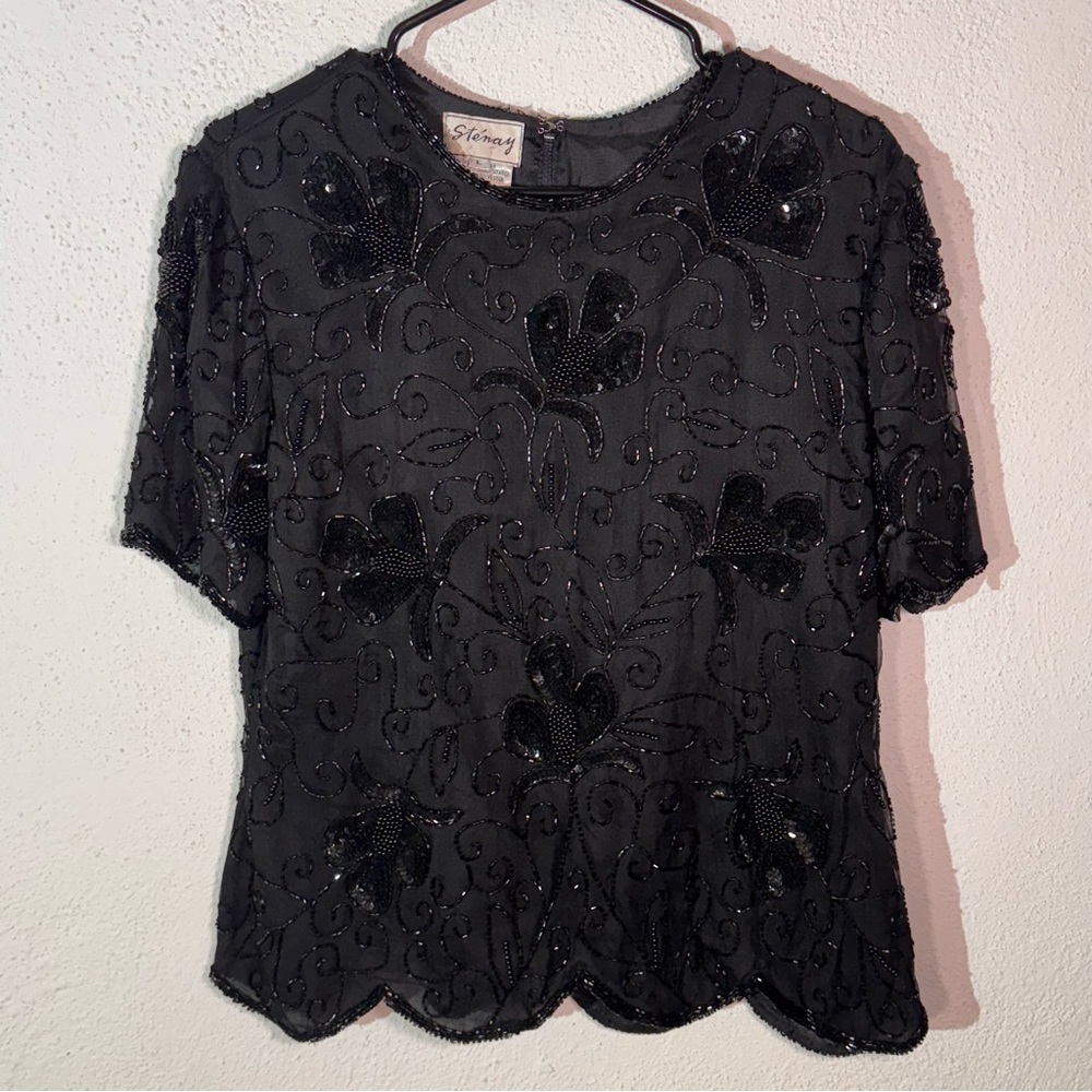 Stenay // vintage black silk beaded scalloped top size large mar1